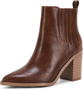 Pointed Toe Brown Chunky Block Slip on Boots