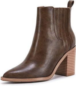 Pointed Toe Brown Chunky Block Slip on Boots