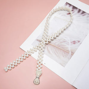 White Pearl Flower Women's Dress Belt Pearl Bridal Beaded Shiny Diamond Waist Chain