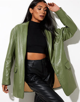 French Chic Green Faux PU Leather Long Sleeve Jacket