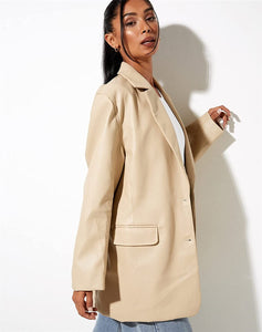 French Chic Beige Faux PU Leather Long Sleeve Jacket