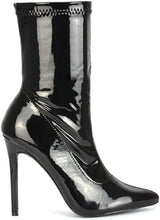 Load image into Gallery viewer, Pointed Sock  Black Patent Pull On Stiletto Ankle Boots