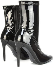 Load image into Gallery viewer, Pointed Sock  Black Patent Pull On Stiletto Ankle Boots