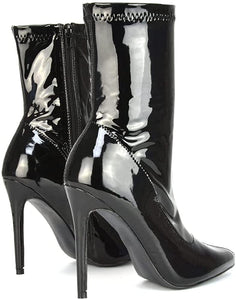 Pointed Sock  Black Patent Pull On Stiletto Ankle Boots