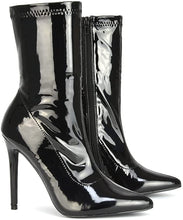 Load image into Gallery viewer, Pointed Sock  Black Patent Pull On Stiletto Ankle Boots