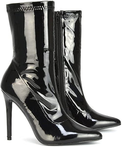 Pointed Sock  Black Patent Pull On Stiletto Ankle Boots