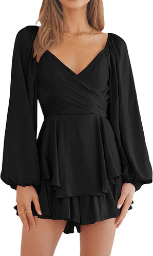 Wrapped  Off Shoulder Black Long Sleeve Flowy Jumpsuit