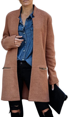 Women's Wool Blend Mid-Long Open Front Collar Notched Pocketed Camel Trench Jacket