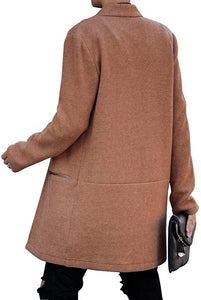 Women's Wool Blend Mid-Long Open Front Collar Notched Pocketed Camel Trench Jacket