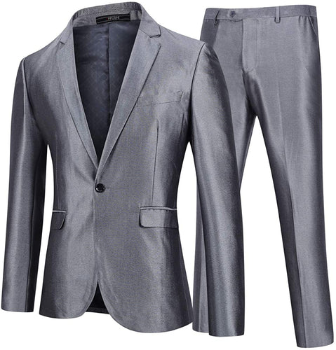 Men's Metallic Silver One Button 2pc Blazer & Pants Suit