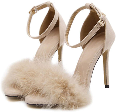 Fluffy Feather Apricot Open Toe Lace Up Strappy High Heels