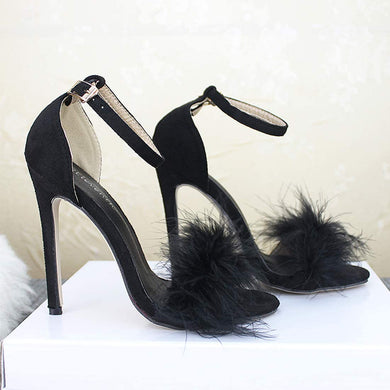 Fluffy Feather Black Open Toe Lace Up Strappy High Heels