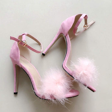 Fluffy Feather Pink Open Toe Lace Up Strappy High Heels