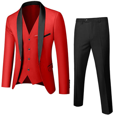 Men's One Button Lapel Red/Black 3pc Wedding Tuxedo Suit