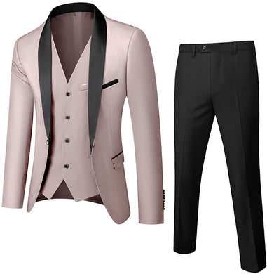 Men's One Button Lapel Beige/Black 3pc Wedding Tuxedo Suit