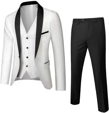 Men's One Button Lapel White/Black 3pc Wedding Tuxedo Suit