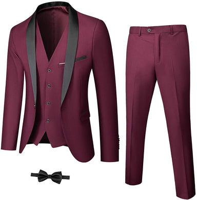 Men's One Button Lapel Burgundy 3pc Wedding Tuxedo Suit