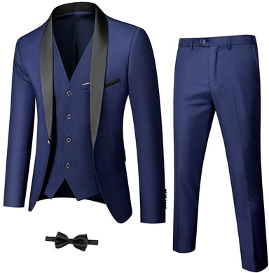 Men's One Button Lapel Navy Blue 3pc Wedding Tuxedo Suit