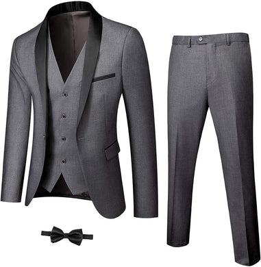 Men's One Button Lapel Grey 3pc Wedding Tuxedo Suit