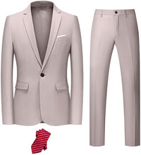 Load image into Gallery viewer, Beige Men&#39;s Slim Fit 2pc Blazer &amp; Pants Suit with Tie