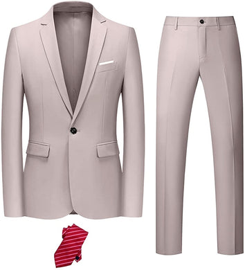 Beige Men's Slim Fit 2pc Blazer & Pants Suit with Tie