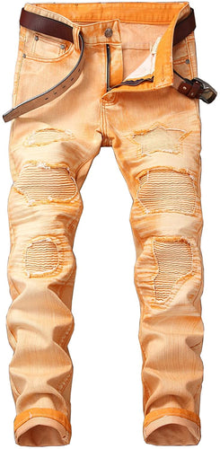 Men's Textured Orange Ripped Slim Jeans