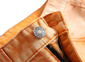 Men's Textured Orange Ripped Slim Jeans