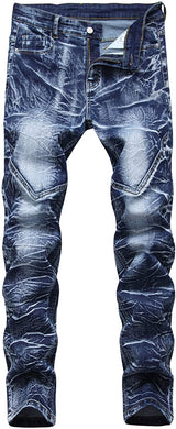 Men's Textured Blue Ripped Slim Denim Jeans