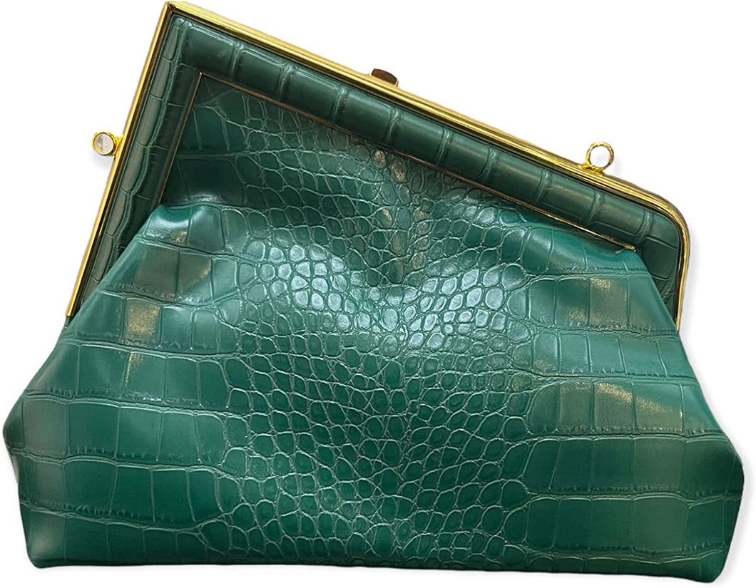 Chic Green Asymmetrical Crocodile Clutch Shoulder Bag
