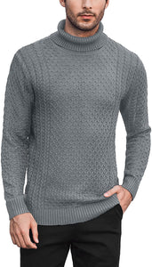 Men's Nave Blue Turtleneck Slim Fit  Knitted Diamond Pattern Sweater
