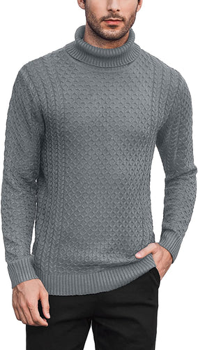 Men's Grey Turtleneck Slim Fit  Knitted Diamond Pattern Sweater