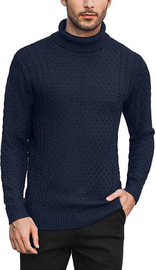 Men's Nave Blue Turtleneck Slim Fit  Knitted Diamond Pattern Sweater