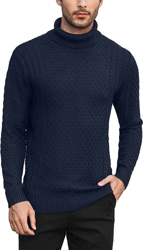 Men's Nave Blue Turtleneck Slim Fit  Knitted Diamond Pattern Sweater