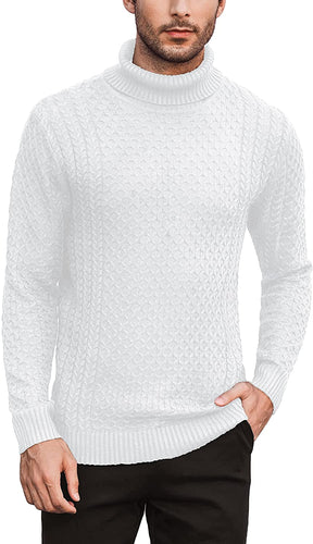 Men's White Turtleneck Slim Fit  Knitted Diamond Pattern Sweater