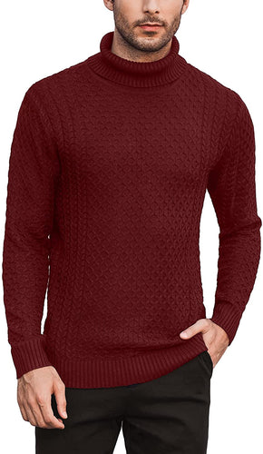 Men's Wine Red Turtleneck Slim Fit  Knitted Diamond Pattern Sweater