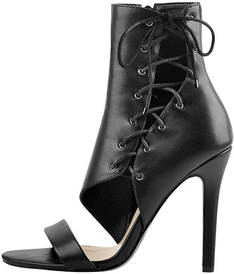 Cutout Lace Up Black Open Toe High Heel Booties