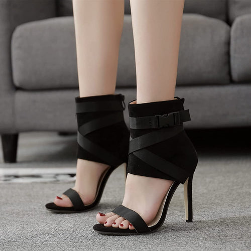 Black Suede Open Toe High Heel Sandal