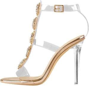 Clear Ankle Strap Rose Gold Rhinestones Gladiator Sandals