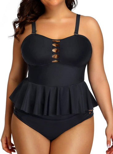 Modish Black Tummy Control Two Piece Bathing Suit