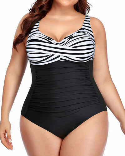 Stripe & Black Plus Size One Piece Twist Front Bathing Suit