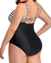 Load image into Gallery viewer, Stripe &amp; Black Plus Size One Piece Twist Front Bathing Suit
