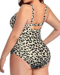 Classy Beige Leopard Print Plus Size Twist Front Bathing Suit