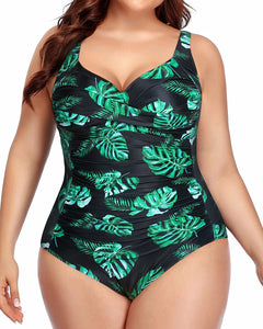 Classy Green Leaf Plus Size Twist Front Bathing Suit