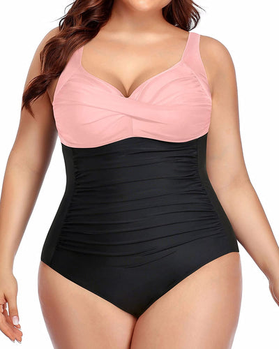 Classy Pink Stitching Black Plus Size Twist Front Bathing Suit