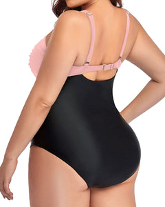 Classy Pink Stitching Black Plus Size Twist Front Bathing Suit