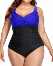 Load image into Gallery viewer, Classy Blue &amp; Black Plus Size Twist Front Bathing Suit