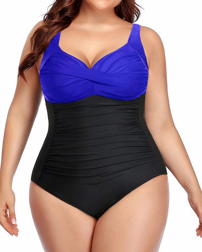 Classy Blue & Black Plus Size Twist Front Bathing Suit