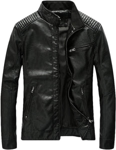 Men's Black Faux Leather Ribbed Long Sleeve Jacket