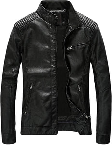 Men's Black Faux Leather Ribbed Long Sleeve Jacket