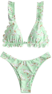 Mint Green Spaghetti Strap Tie Back Ruffle Triangle Bikini Set